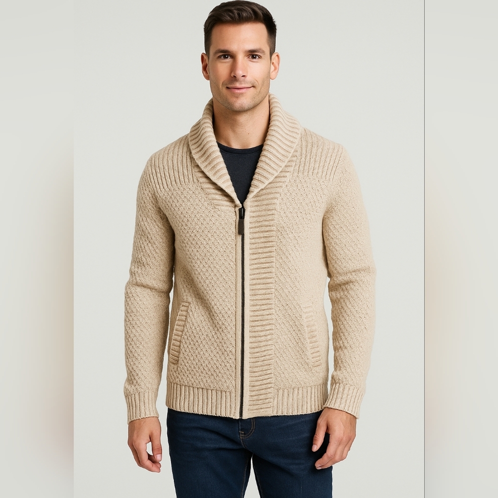 H&M Men's Wool Zip Up Beige Sweater Size Large